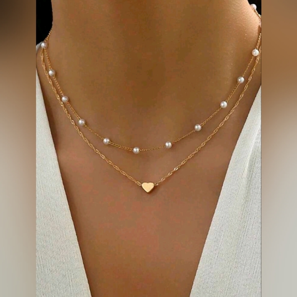 NEW Double Layer Chain Elegant Gold and Pearl Heart Necklace
